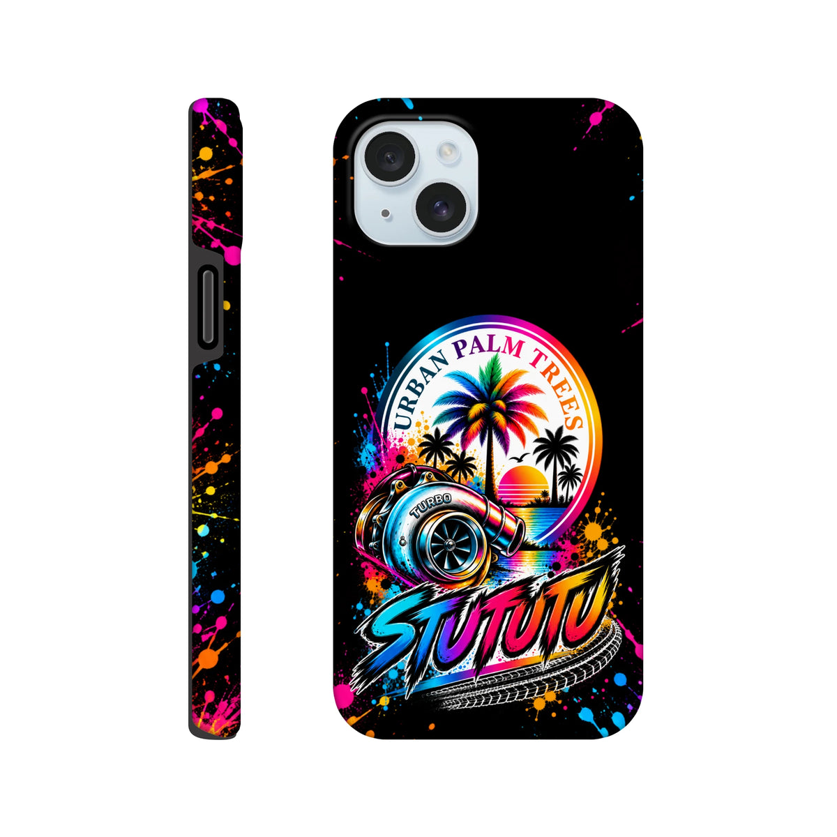Turbo petrolhead iPhone case featuring a colorful turbocharger, urban palm trees sunset graphic, and vibrant paint splatter design.