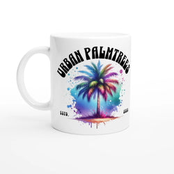 Urban Palm Trees Mug with colorful retro palm tree art on a white ceramic cup