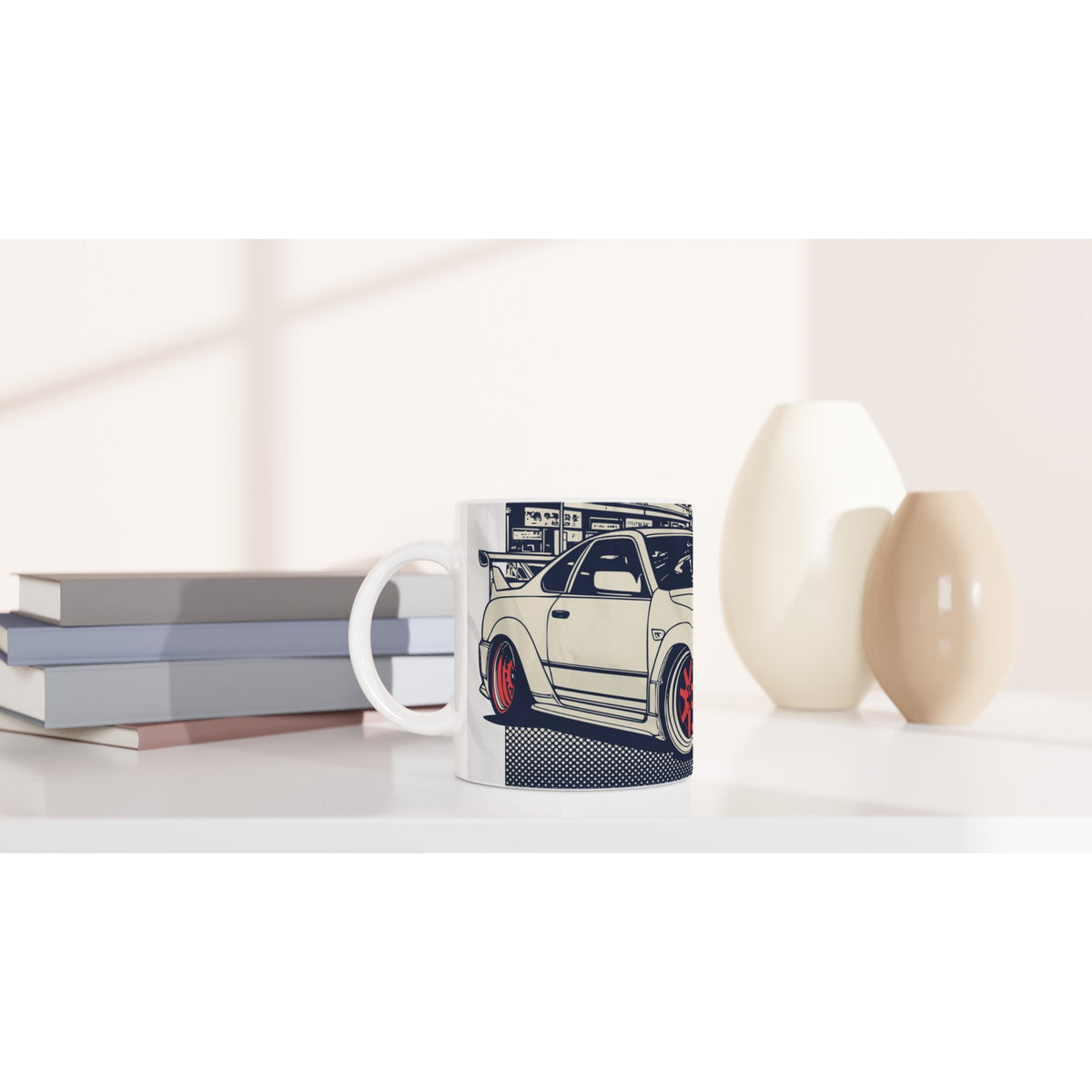 JDM Drift Car mug Gift For Him, white ceramic with vivid print, placed on a shelf with books.