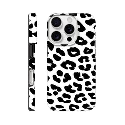 Black and white snow leopard print iPhone case with seamless wrap-around design for shock absorption and style.