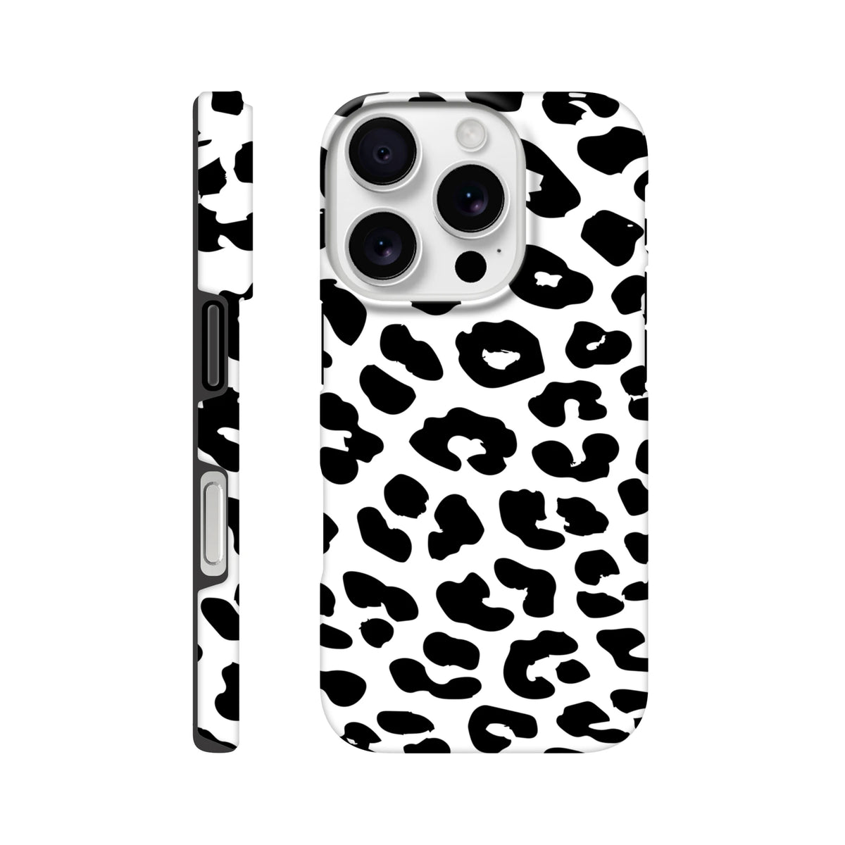 Black and white snow leopard print iPhone case with seamless wrap-around design for shock absorption and style.
