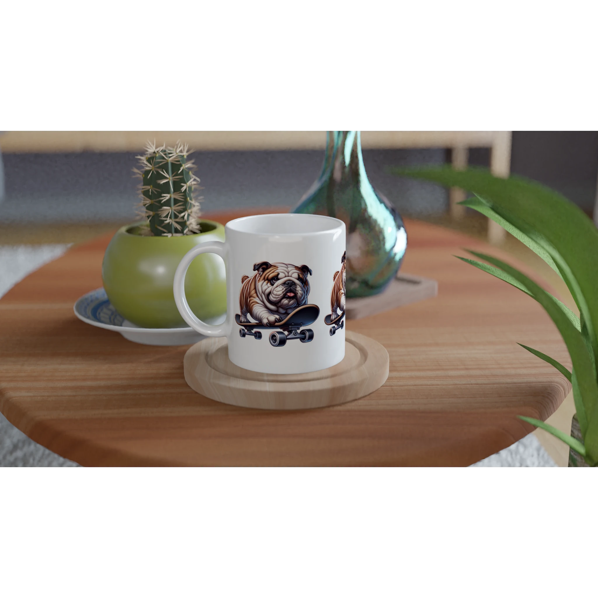 Skateboarding bulldog mug, white ceramic on wooden coaster; perfect gift for him.