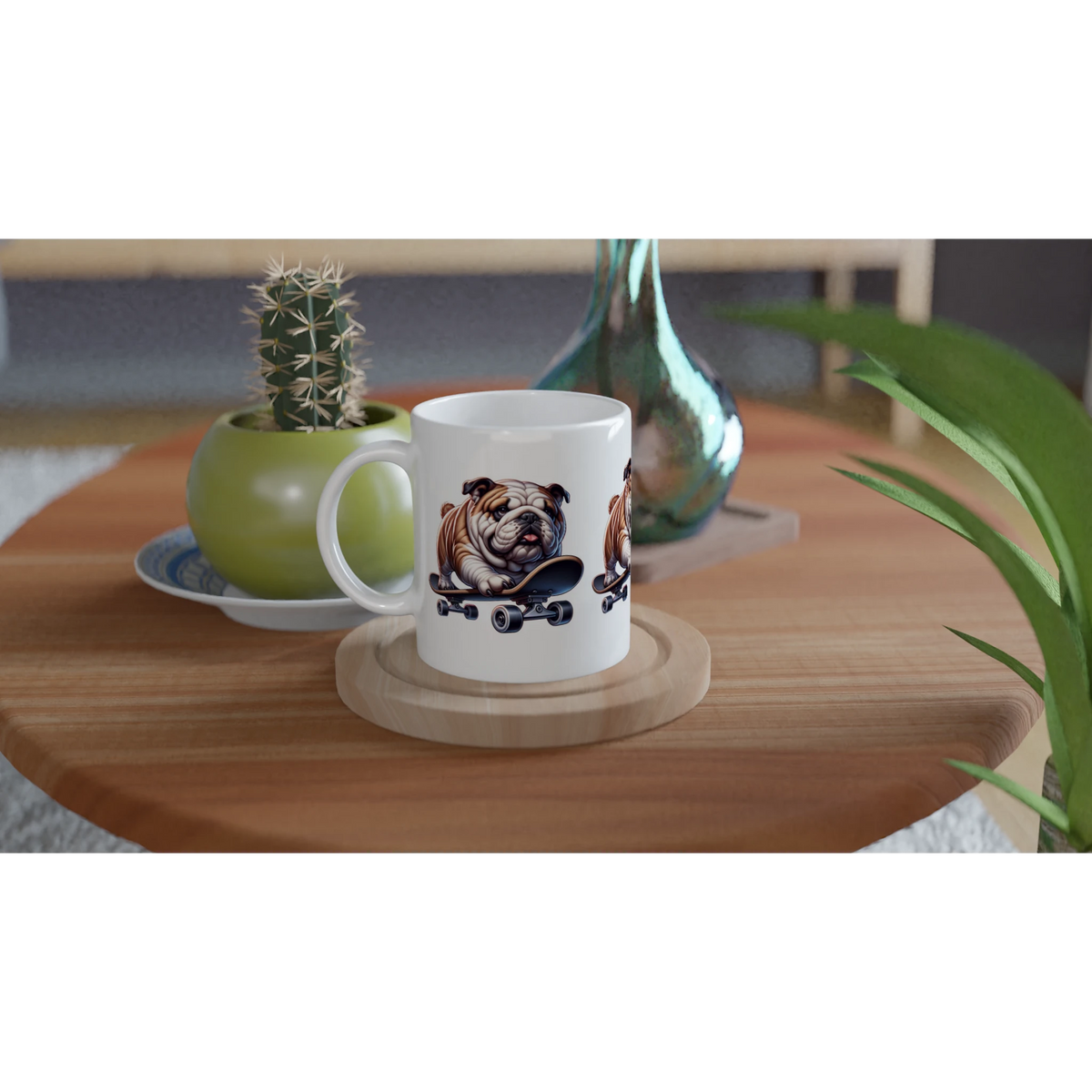Skateboarding bulldog mug, white ceramic on wooden coaster; perfect gift for him.