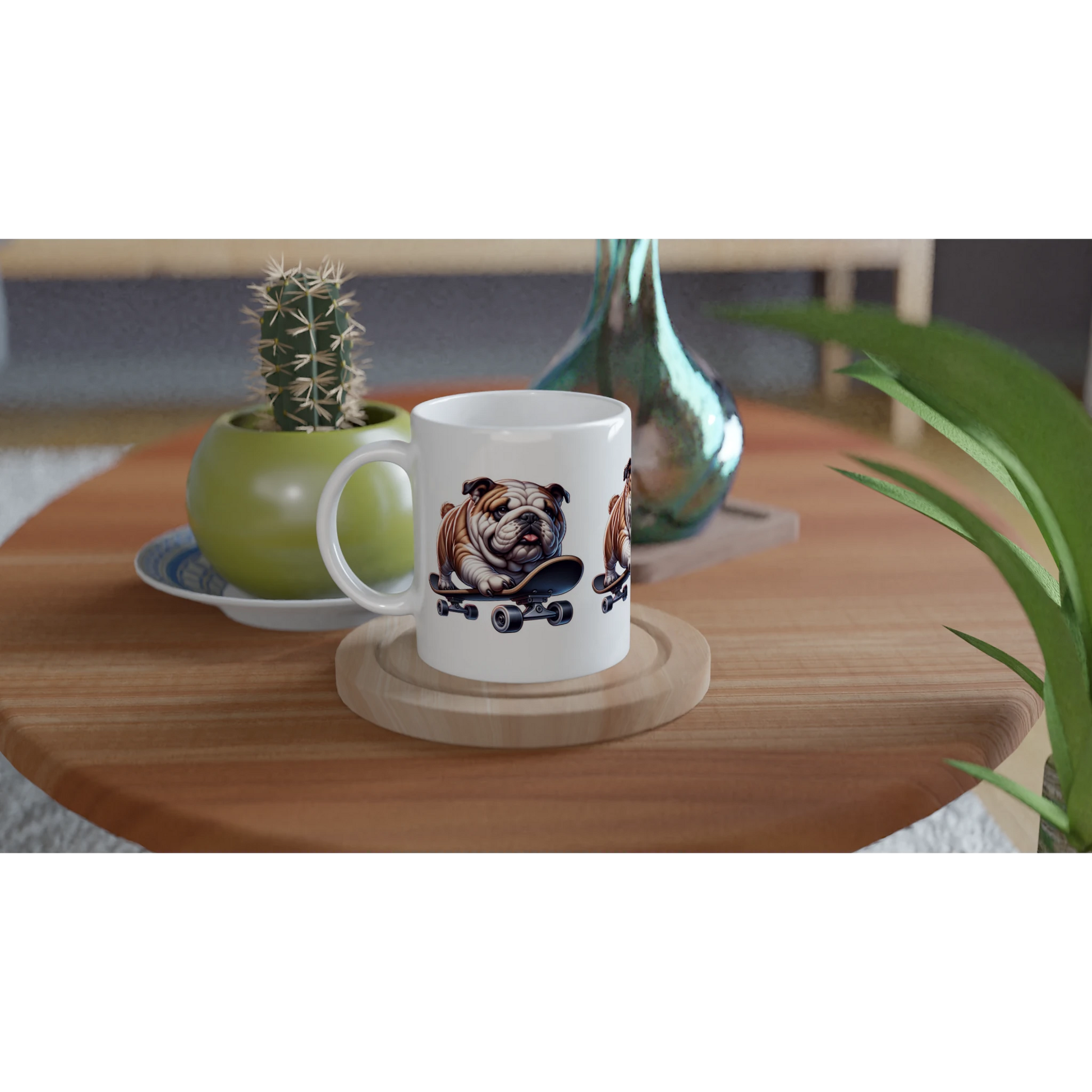 Skateboarding bulldog mug, white ceramic on wooden coaster; perfect gift for him.