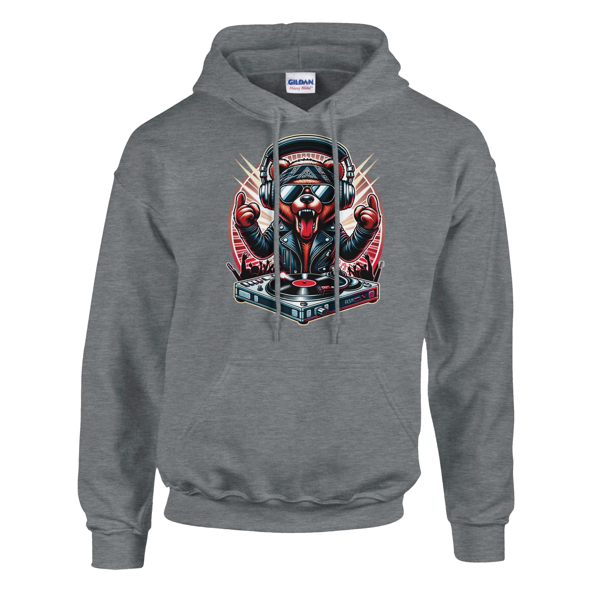 Gray men's hoodie with a soft cotton-poly blend and a DJ Bear graphic, headphones, turntable.