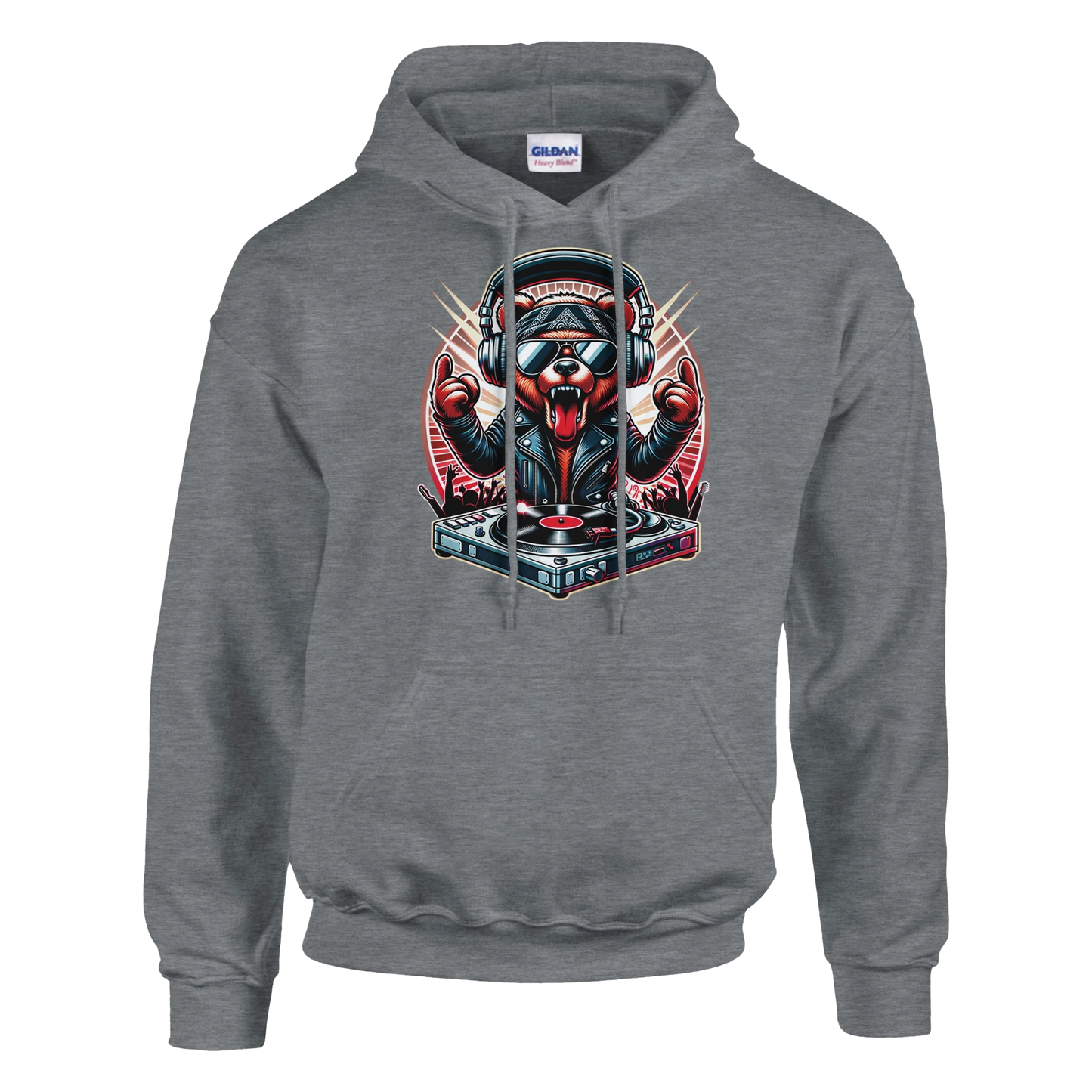 Gray men's bear hoodie with a bear DJ graphic on a white background