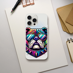 Rainbow-colored bulldog phone case with mirrored sunglasses for iPhone 13-16, transparent flexible protective cover.
