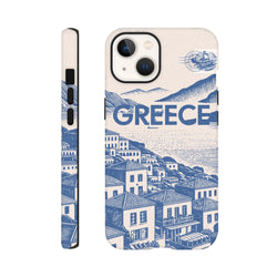 Vintage Greece Tough iPhone Case featuring blue Mediterranean village engraving, bold typography, and airmail stamp graphic.
