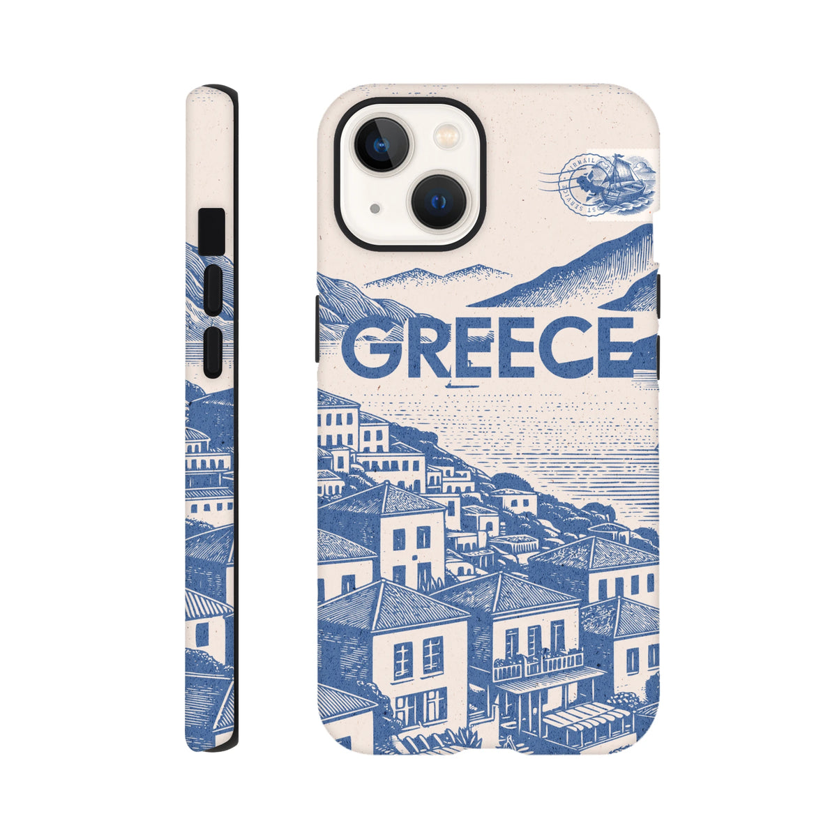 Vintage Greece Tough iPhone Case featuring blue Mediterranean village engraving, bold typography, and airmail stamp graphic.