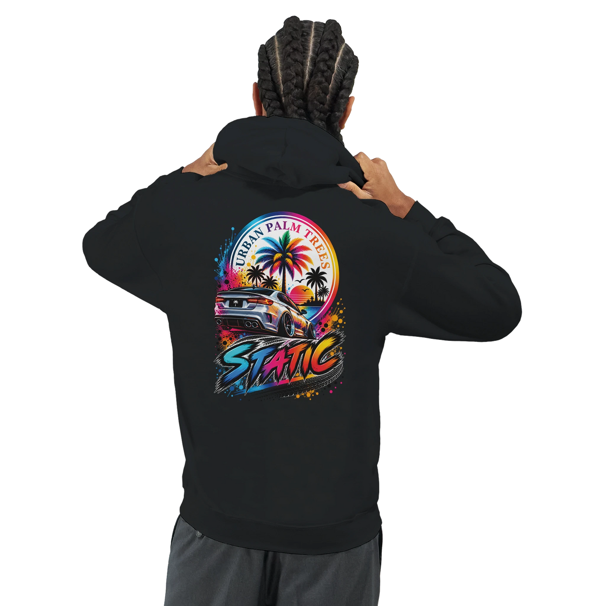 Black Static Petrolhead Hoodie featuring a colorful back print of a modified car, palm trees, and urban sunset graphics.