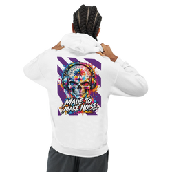 White hoodie back print featuring a colorful skull with headphones, palm trees, and "Made To Make Noise" retro music graphic.