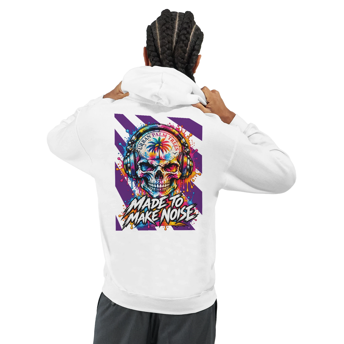 White hoodie back print featuring a colorful skull with headphones, palm trees, and "Made To Make Noise" retro music graphic.
