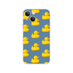 Blue rubber duck pattern iPhone case for 13-16, bold yellow ducks on a matte blue background with camera cutouts.