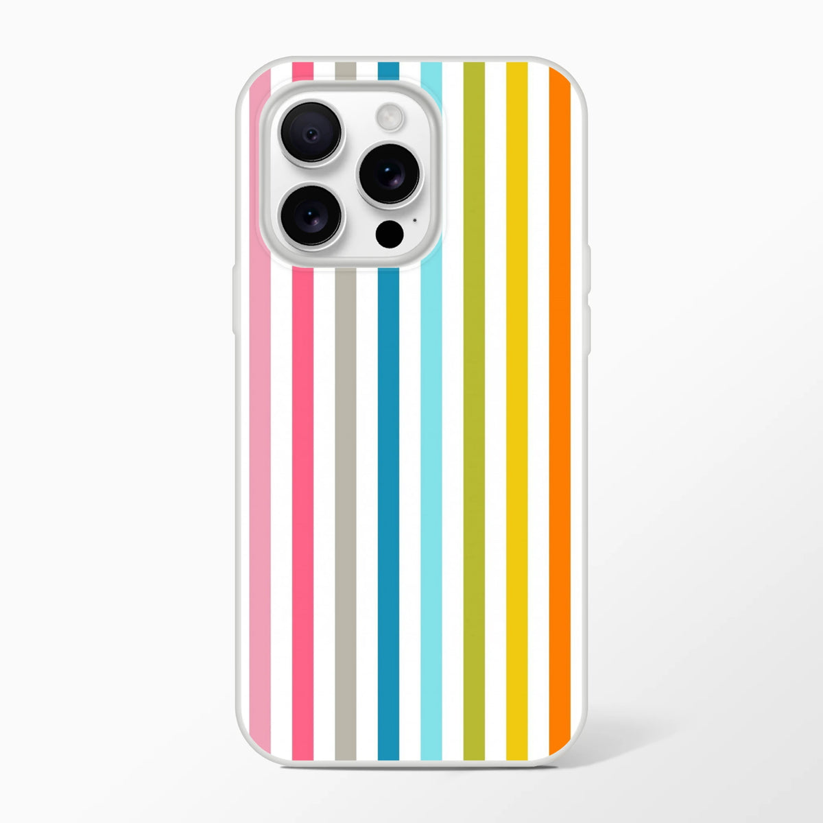 Pastel Rainbow Stripe iPhone Case (13-16) with frosty transparent shell and bold retro rainbow stripes