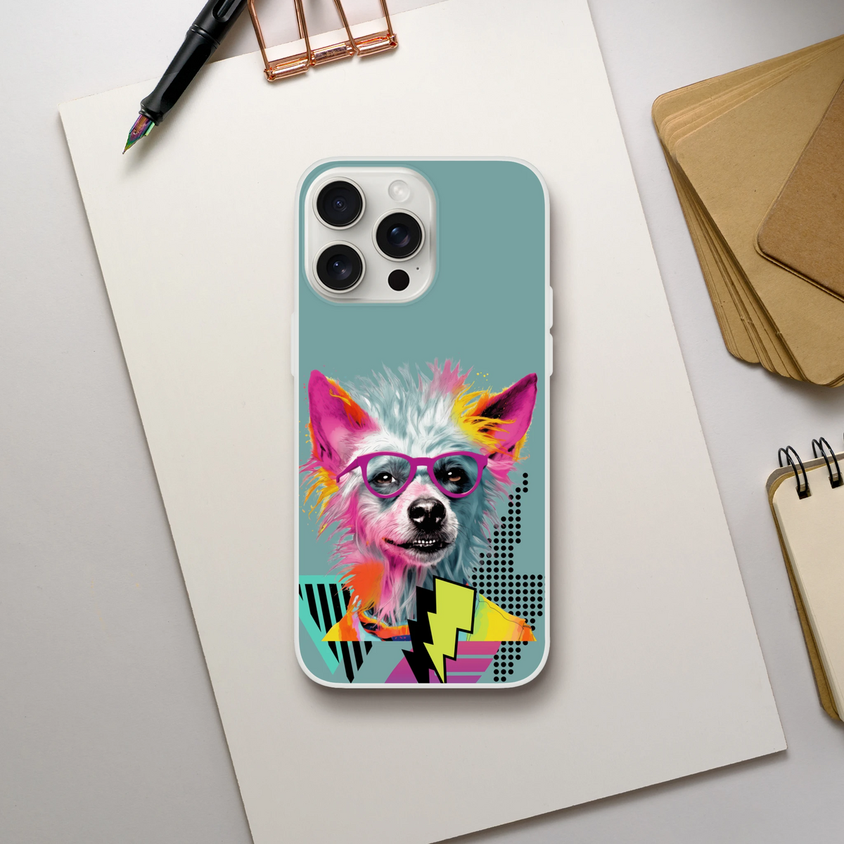 Funny Dog iPhone Case (13-16) Retro Dog Aesthetic teal case featuring a colorful dog illustration wearing glasses