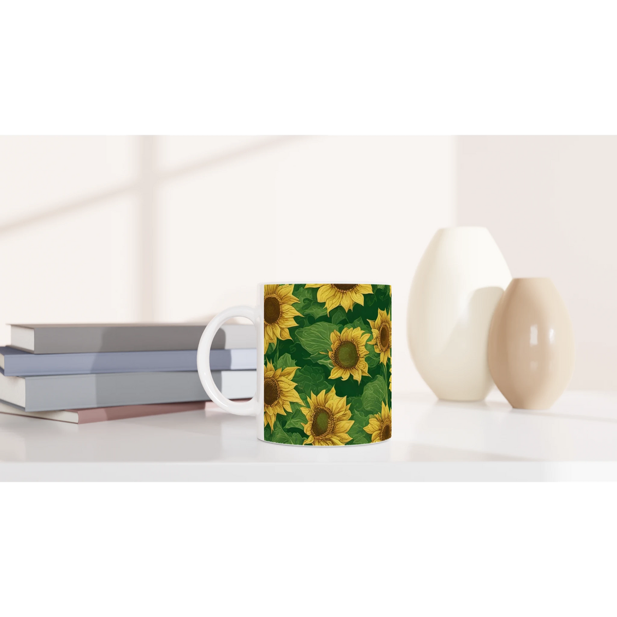 Vintage Sunflower Mug with bright sunflower pattern and white handle, a cute floral coffee cup on a desk.