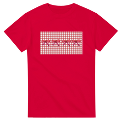Red T-shirt featuring a gingham panel with pink bows for a cute coquette aesthetic.