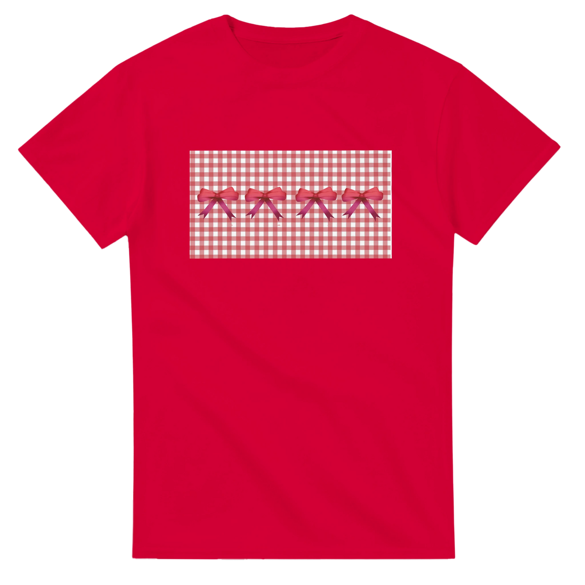 Red T-shirt featuring a gingham panel with pink bows for a cute coquette aesthetic.