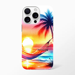 Vibrant tropical sunset iPhone case featuring a palm tree and hammock design with shock-absorbing protection for daily carry.