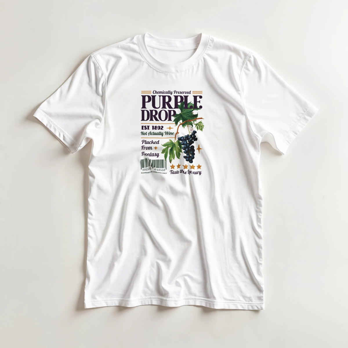 White women's cotton-blend crew-neck tee with grapes graphic and Purple Drop branding