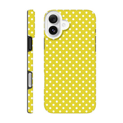Yellow and white polka dot tough iPhone case with dual-layer TPU protection, white camera ring, and exposed side buttons for iPhone 13-16.