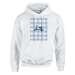 White pullover hoodie featuring a retro scooter graphic on a pastel blue and purple gingham background. Vintage mod style streetwear.