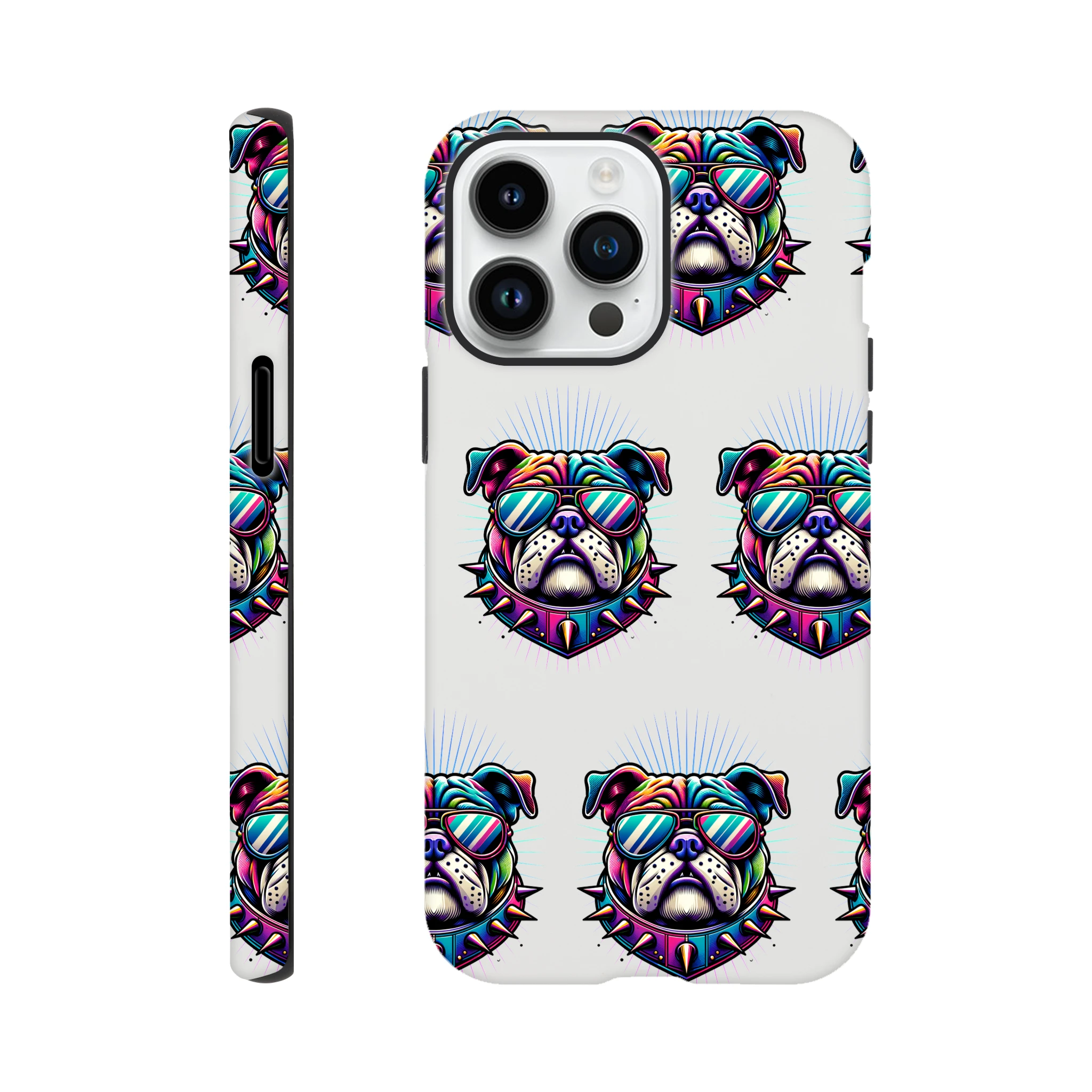 Bull Dog tough case with glossy dual-layer wraparound print featuring neon sunglasses bulldog for iPhone 16-13.