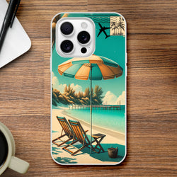 Vintage Postcard iPhone Case 13-16, Holiday Aesthetic with palm trees and a beach umbrella artwork