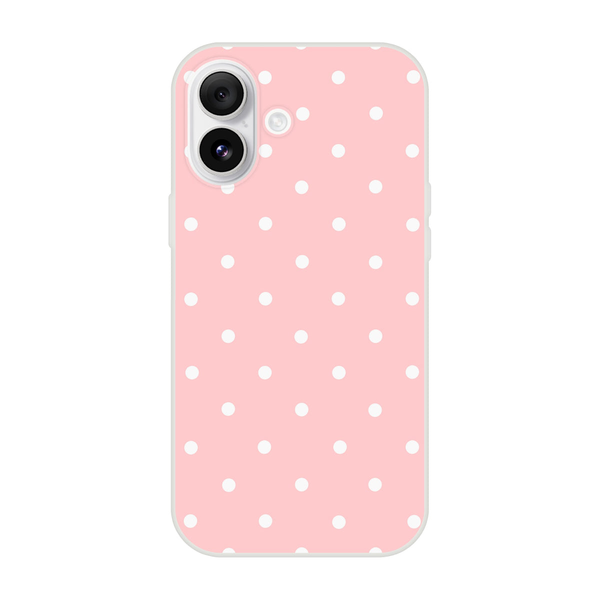 Pastel pink iPhone case with white polka dots featuring a retro matte finish and shock-absorbing TPU protection.