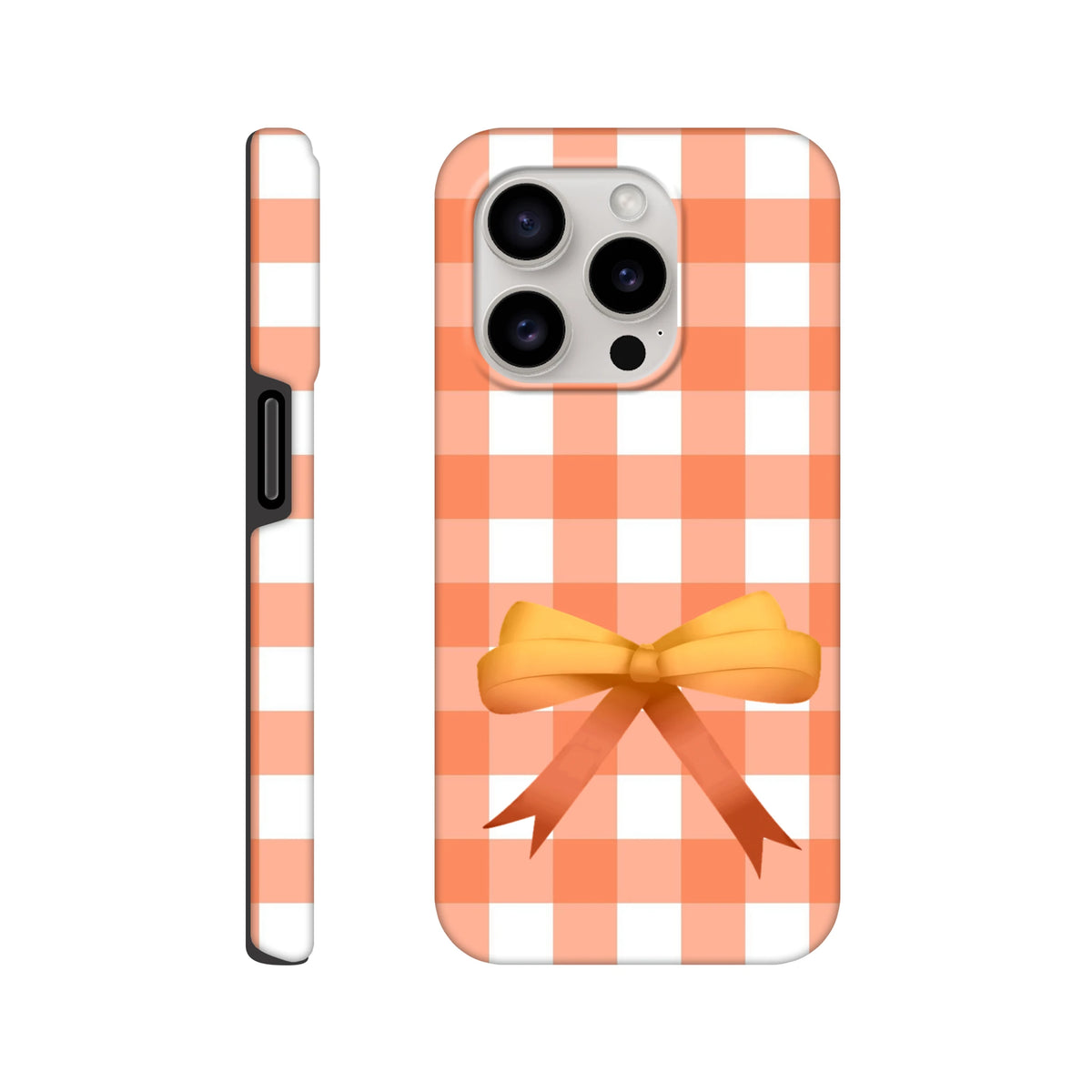 Orange gingham iPhone case with a 3D yellow coquette bow. Tough, checkered phone cover featuring bold stripes and impact-resistant shielding for daily protection.