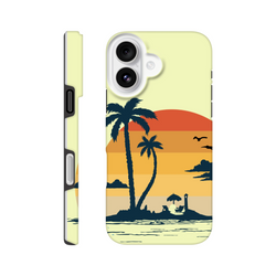 Retro tropical sunset palm tree tough iPhone case for iPhone 13-16 with beach scene.