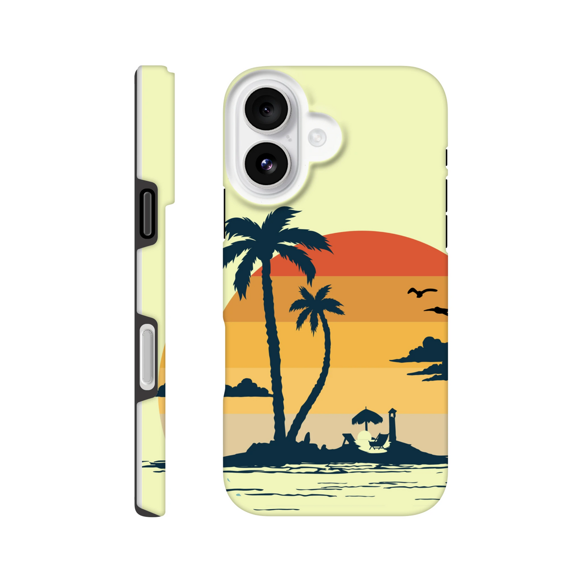 Retro tropical sunset palm tree tough iPhone case for iPhone 13-16 with beach scene.