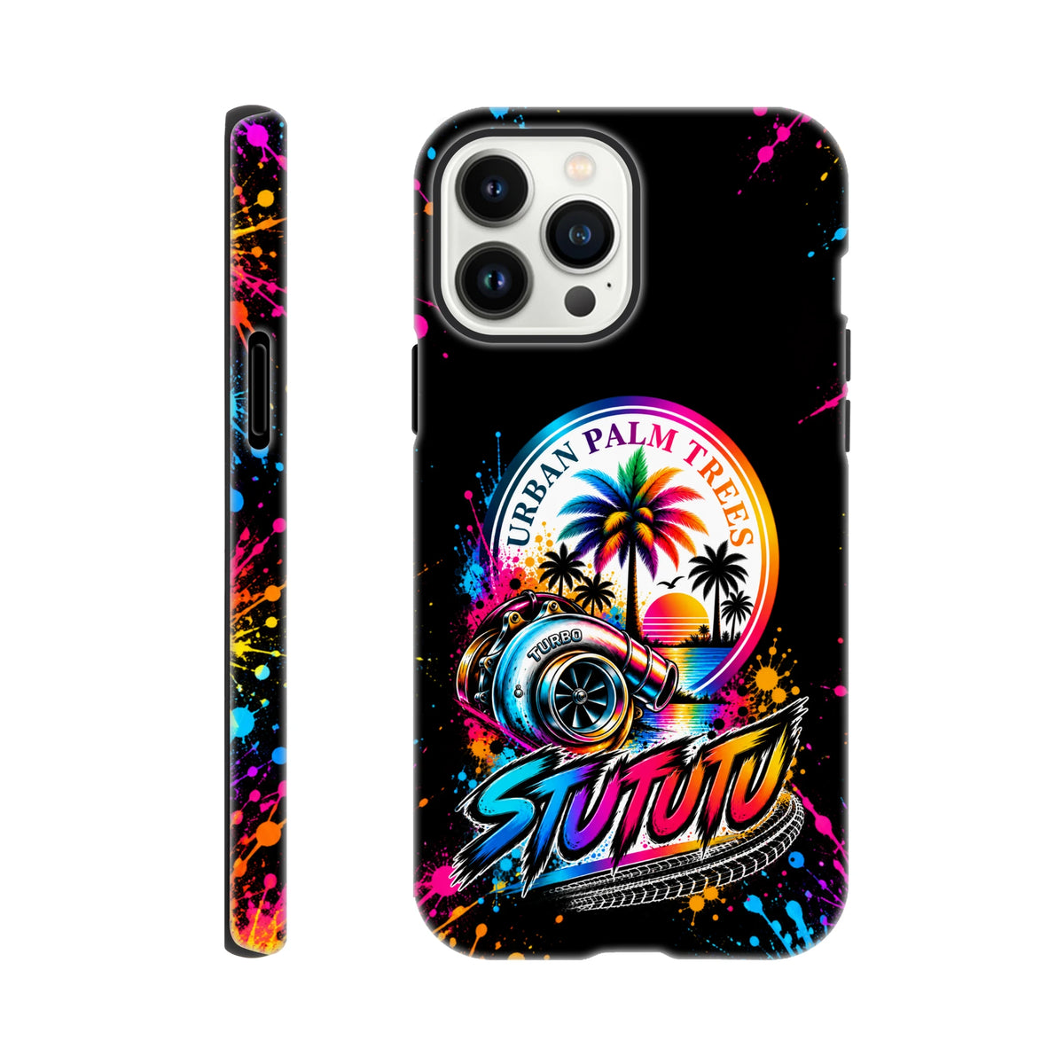 Turbo petrolhead iPhone case featuring colorful turbocharger, palm trees, and paint splatter design with wraparound print for modified car culture style.