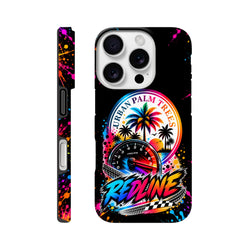 Vibrant modified car culture iPhone case featuring Urban Palm Trees RPM gauge, colorful splatter art, and bold Redline typography on black.
