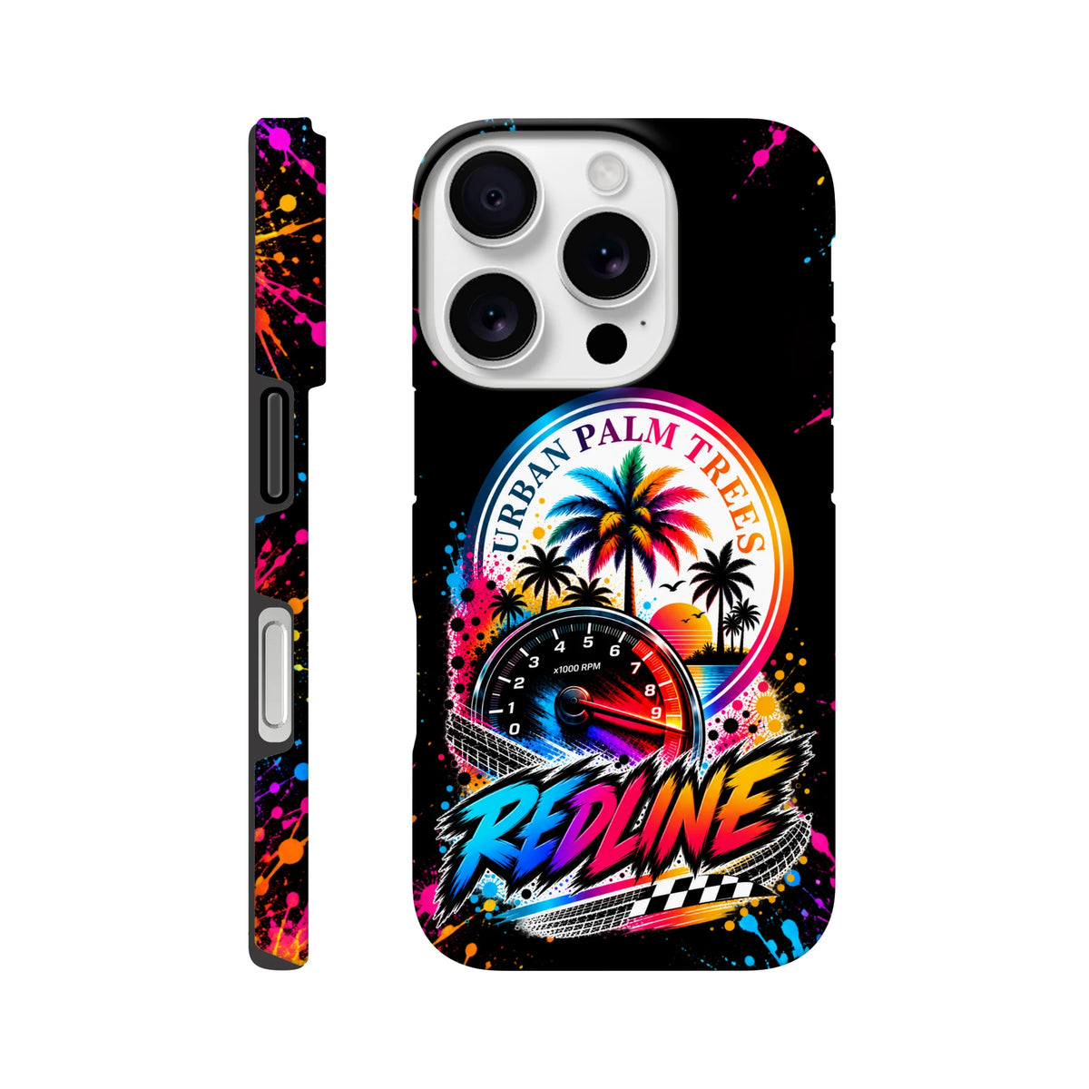 Vibrant modified car culture iPhone case featuring Urban Palm Trees RPM gauge, colorful splatter art, and bold Redline typography on black.
