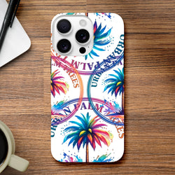 Tough iPhone case featuring colorful tropical palm trees and Urban Palm Trees typography for streetwear style.