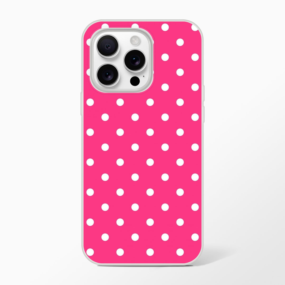Retro hot pink and white polka dot iPhone case with matte finish and shock-absorbing TPU shell for models 13-16.