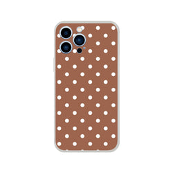 Retro brown and white polka dot iPhone case with matte finish and shock-absorbing TPU protection for models 13-16.