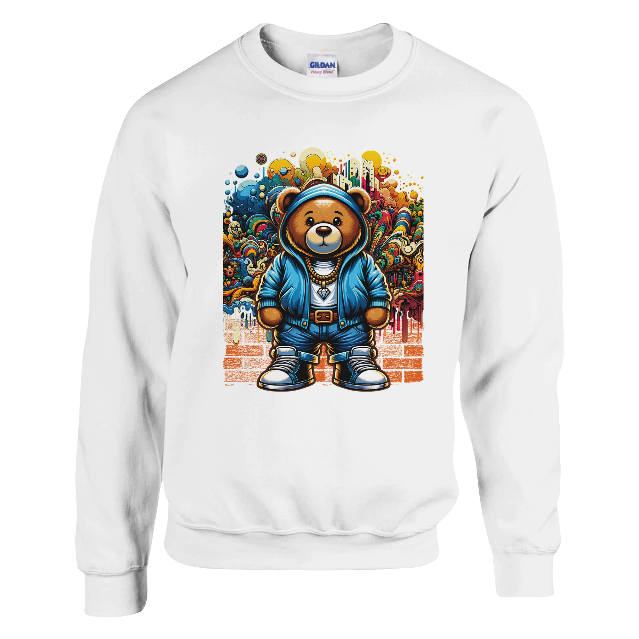 Urban Teddy Bear graphic sweatshirt in white with bear in blue hoodie, jeans, sneakers, graffiti backdrop.