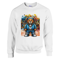 Urban Teddy Bear graphic sweatshirt in white with bear in blue hoodie, jeans, sneakers, graffiti backdrop.