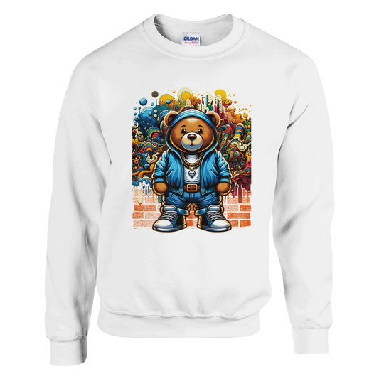 White men's graphic sweatshirt with a colorful graphic of a bear wearing a hoodie on a white background