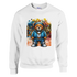 Urban Teddy Bear graphic sweatshirt in white with bear in blue hoodie, jeans, sneakers, graffiti backdrop.