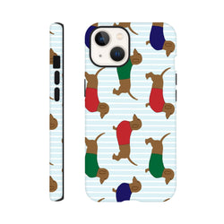 Cute tough iPhone case featuring a playful pattern of dachshunds in red, green, and blue sweaters on light blue stripes.