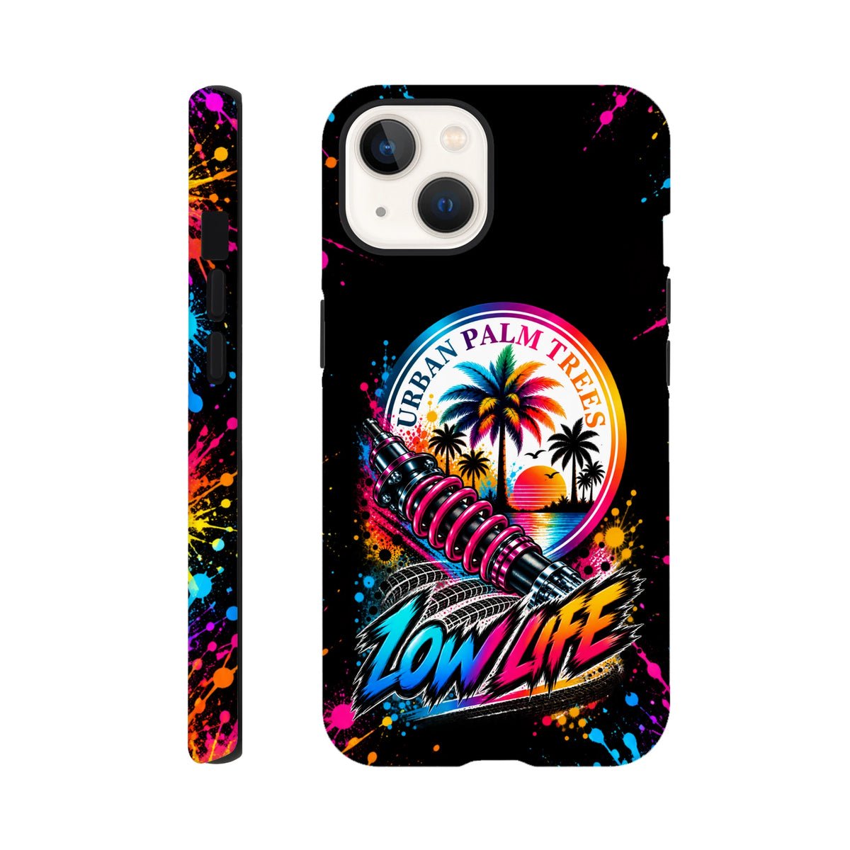 Low Life Petrolhead iPhone case with shock absorber, palm trees, and neon splash art celebrating modified car culture.