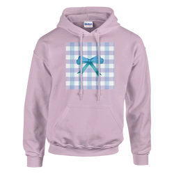 Pink hoodie featuring blue gingham check and teal bow graphic. Cute coquette style pullover with relaxed fit, front pocket, and drawstrings.