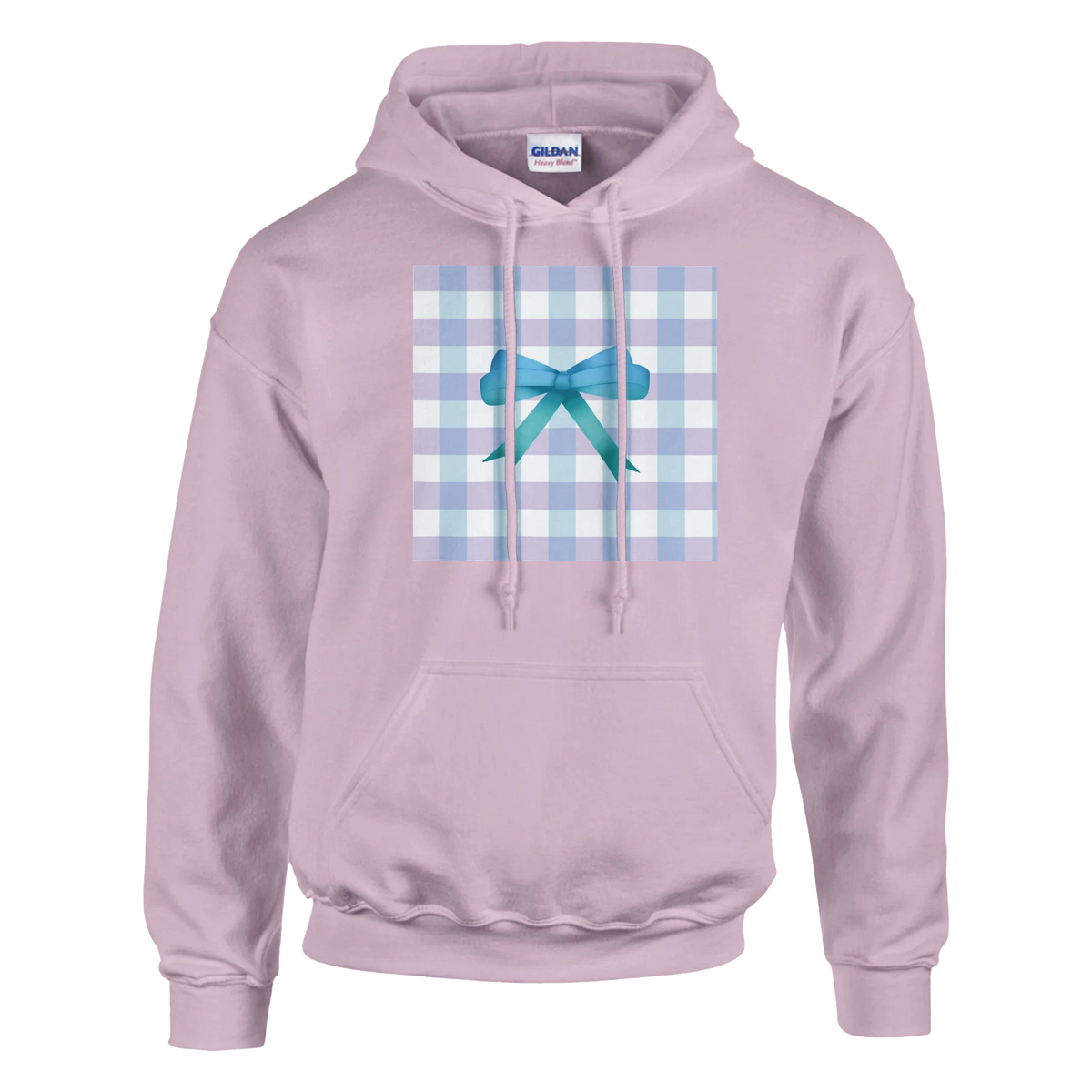 Pink hoodie featuring blue gingham check and teal bow graphic. Cute coquette style pullover with relaxed fit, front pocket, and drawstrings.