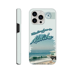 Vintage Malibu California beach phone case with "thinkin of you in Malibu" text and pier graphic for iPhone.