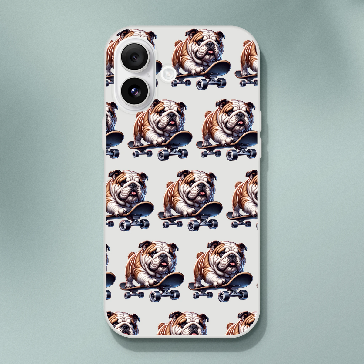 Clear slim Bulldog skateboard case for iPhone 13–16; flexible, durable protection with frosty texture.