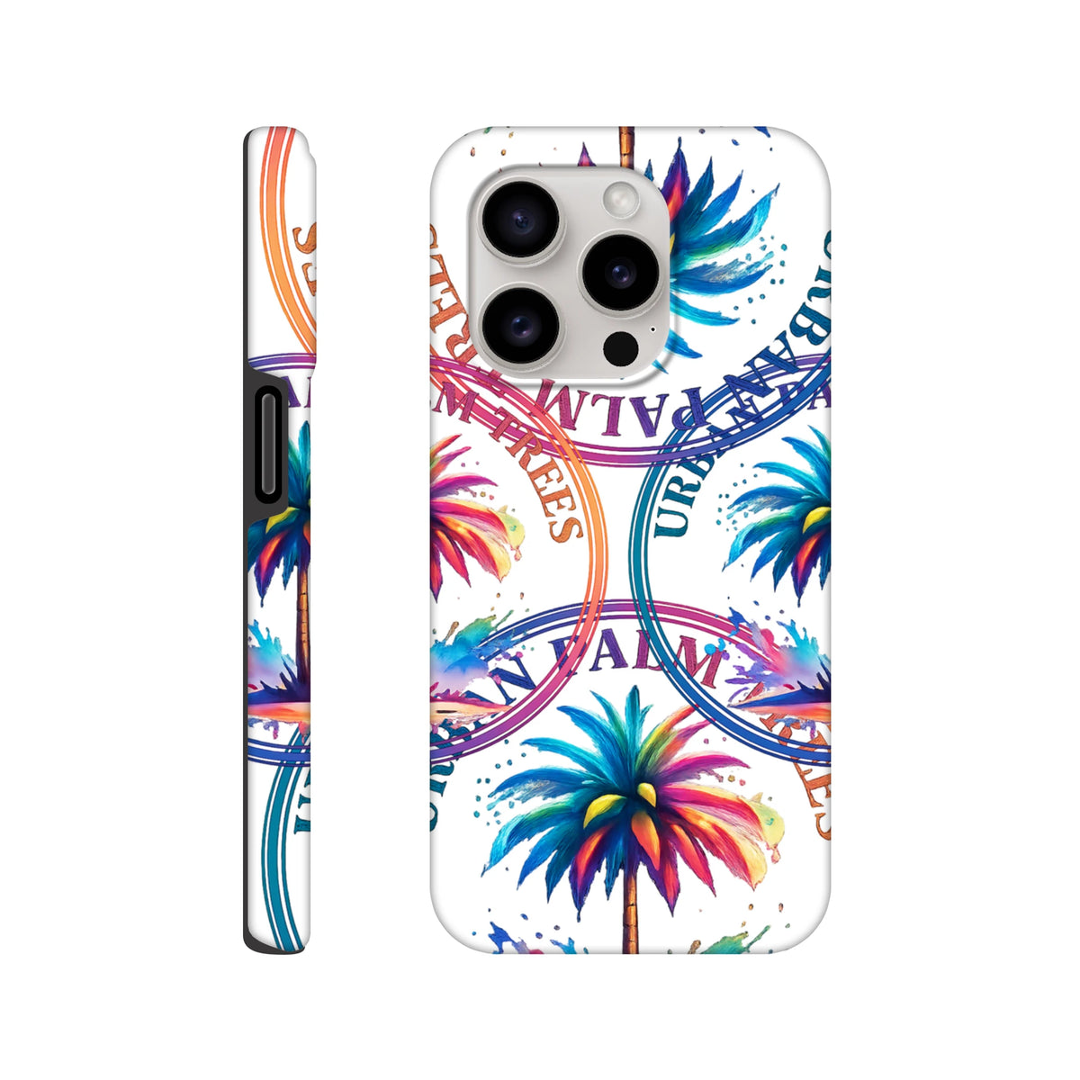 Vibrant tropical palm tree iPhone case with colorful wraparound print and streetwear text design for urban style.