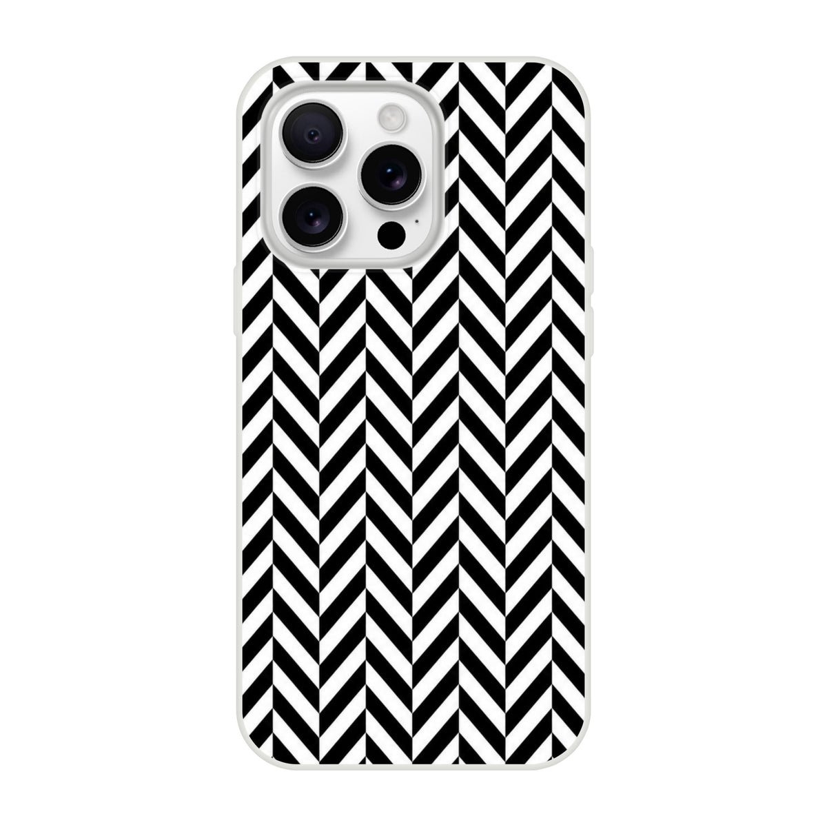 Black and white geometric herringbone iPhone case with crisp matte finish and shock-absorbing TPU protection for models 13 through 16.